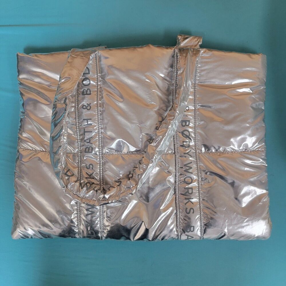 Bath & Body Works 2024 Silver Puffy Tote Bag Quilted Metallic Logo Holiday NEW
